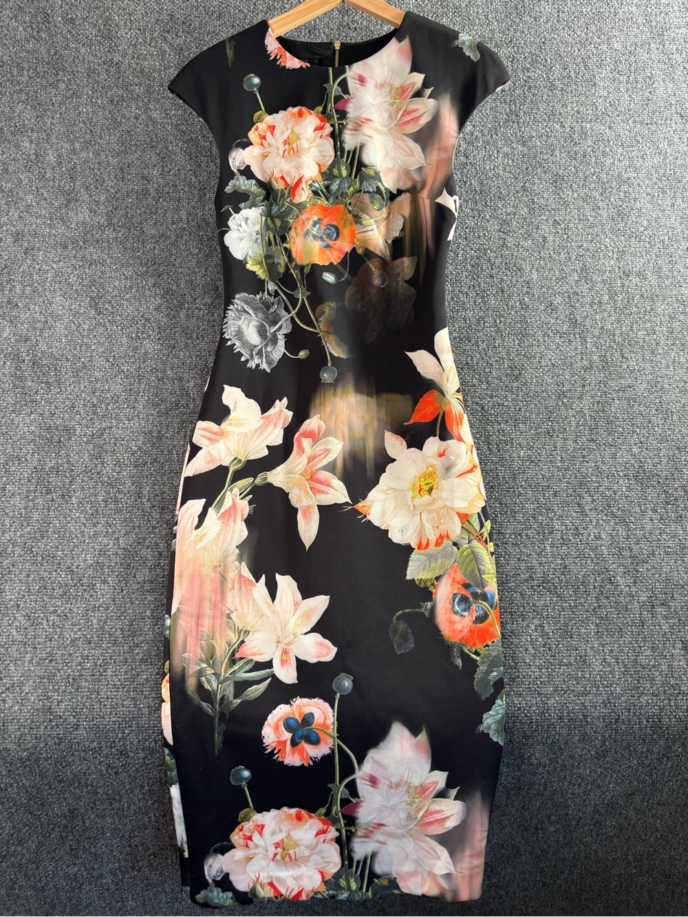 Ted Baker Black Floral Midi Dress with Pink & Orange Blooms